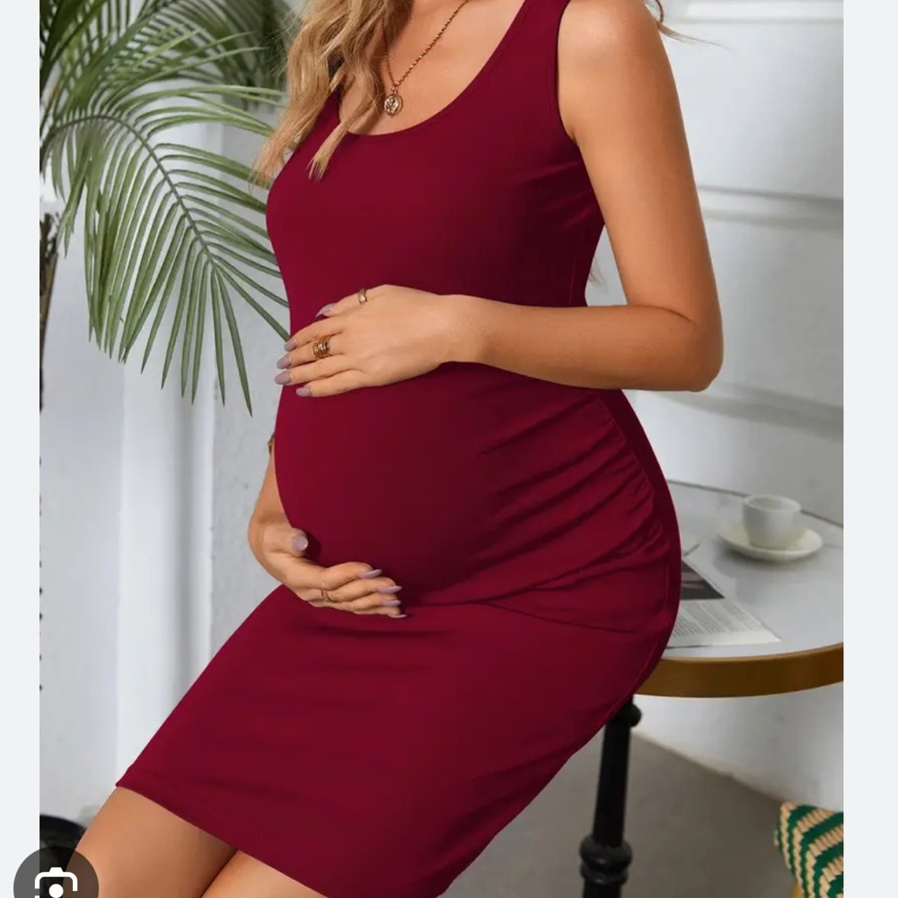 Casual Sleeveless Stretch Comfy Maroon Midi Maternity Dress Sz L (Worn Once)